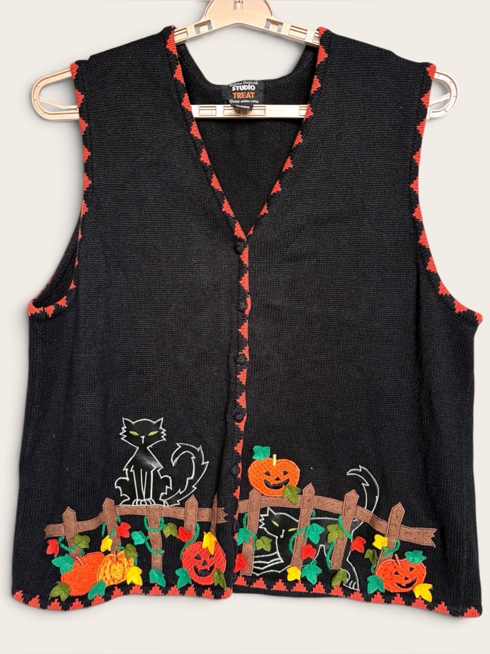Vtg 90s Studio Treat Halloween Sweater Vest 3X Plus Black Cat Pumpkin Applique